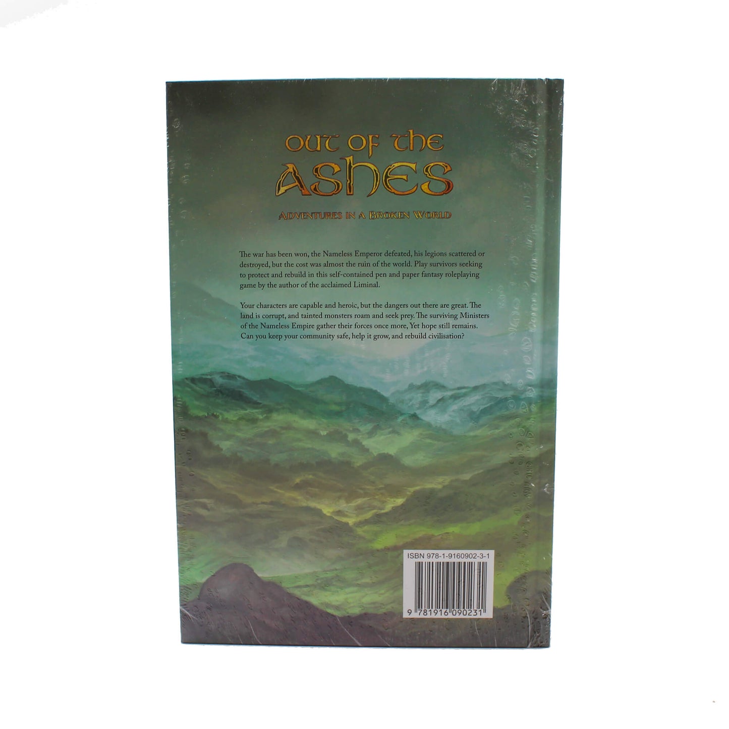 The back cover of Out of the Ashes Adventures in a Broken World, featuring the title, a synopsis, and a barcode above a misty green mountainous terrain