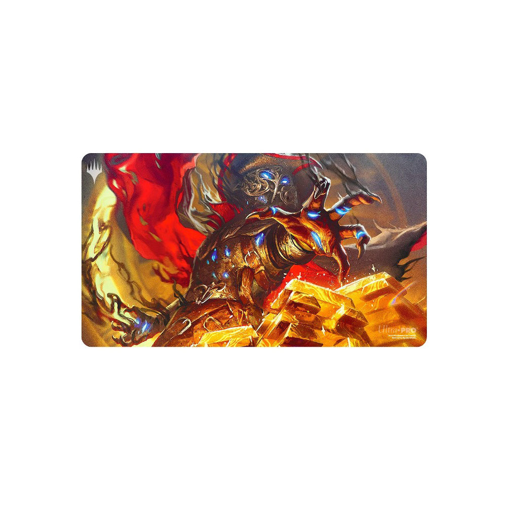 Magic: The Gathering playmat art depicting a golden armored creature with glowing blue accents, hoarding shining gold bars against a red and golden background