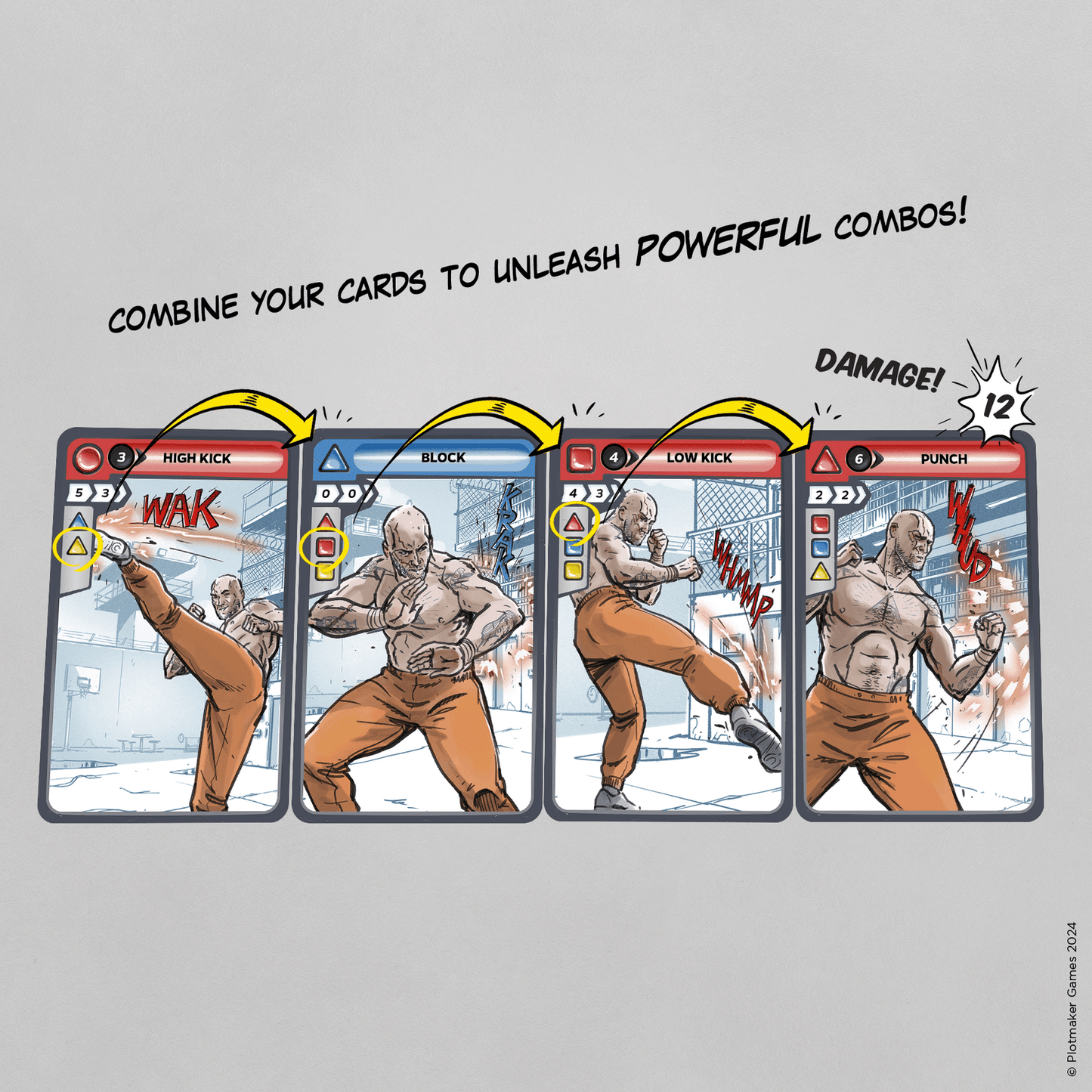 Illustrated combo sequence across four game cards: High Kick, Block, Low Kick, and Punch, resulting in 12 Damage