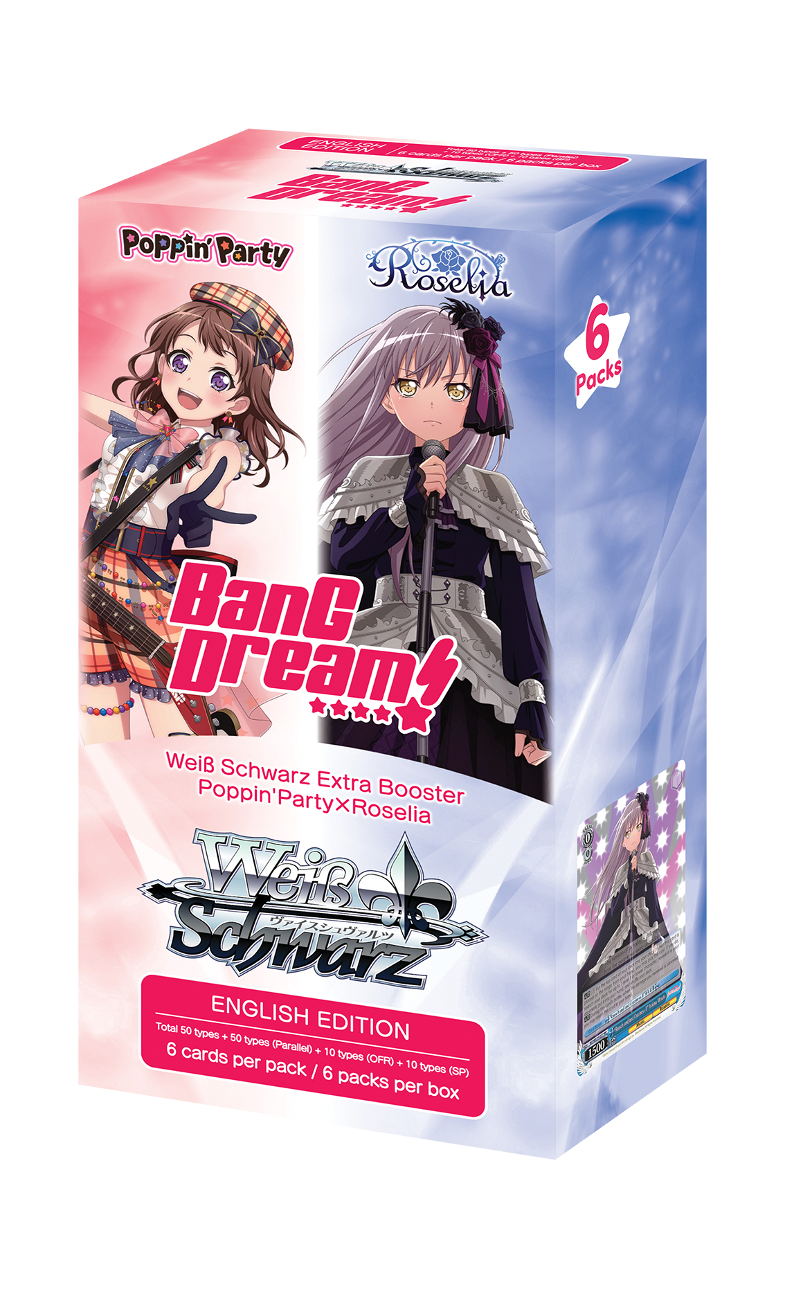 Weiss Schwarz BanG Dream! Extra Booster TCG box, featuring anime girls representing the Poppin'Party and Roselia bands