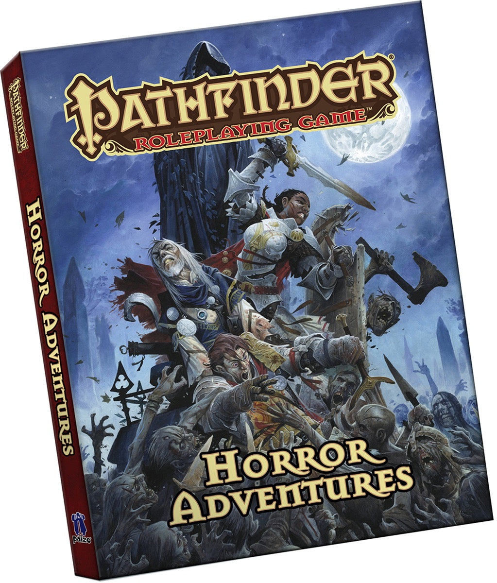 Pathfinder Horror Adventures book cover: Adventurers fight a zombie horde under a full moon, overseen by a hooded figure