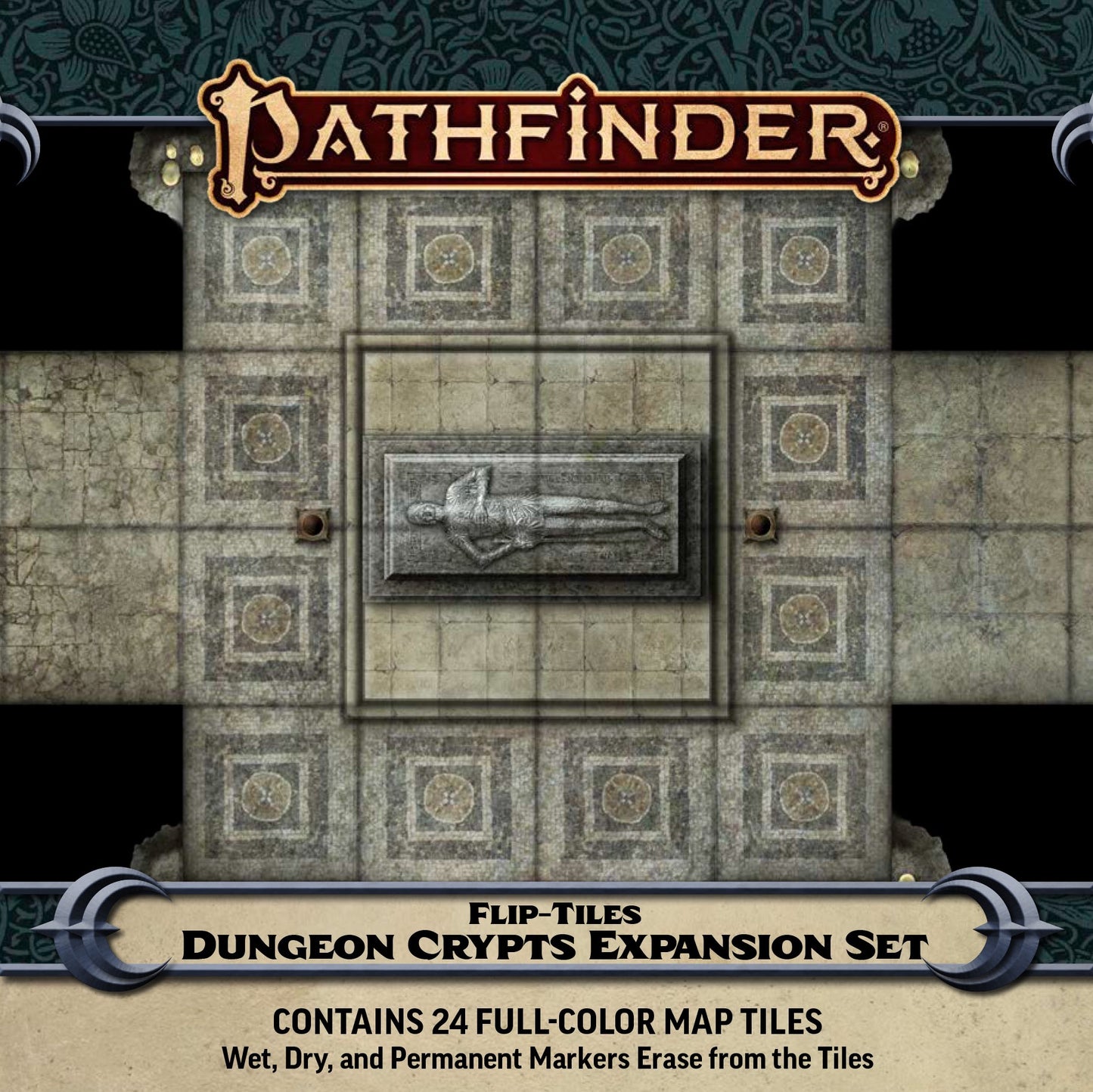 Pathfinder Flip-Tiles Dungeon Crypts map set: A modular stone crypt dungeon, centered by a sarcophagus with a carved figure.