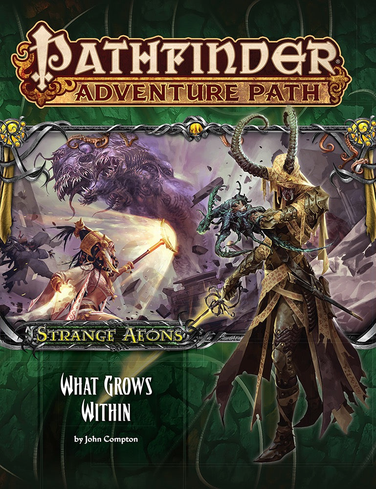 Pathfinder cover: A horned warrior with a sword and tentacled creature fights a giant purple monster and spellcaster.