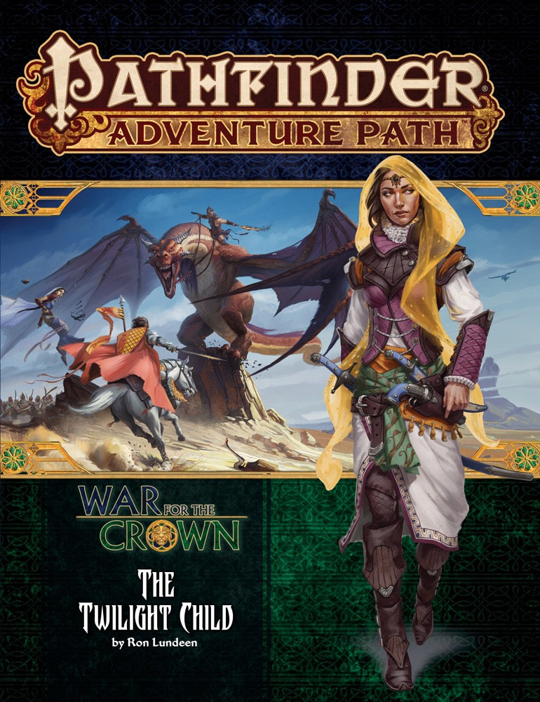 Pathfinder Adventure Path: A woman in a yellow veil and armor stands, a dragon battles knights behind her.