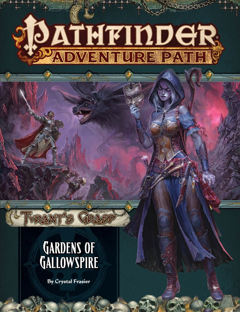 Pathfinder cover: A hooded purple-skinned woman holds a mask, while a knight battles a large, dark beast in a fiery landscape.