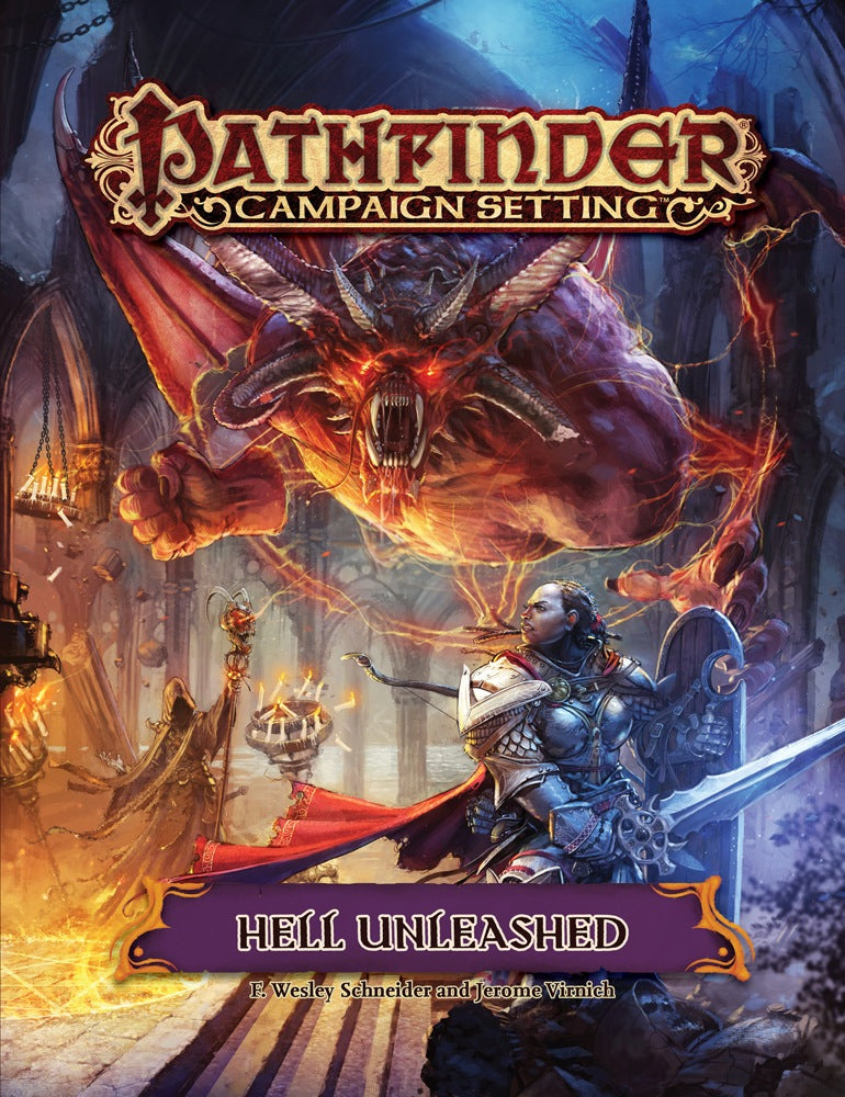 Pathfinder: Hell Unleashed cover. An armored warrior confronts a huge, horned, red demon with glowing eyes in gothic ruins.