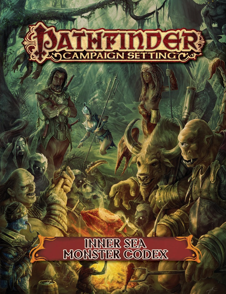 Pathfinder Inner Sea Monster Codex cover: Various monsters and humanoids in a jungle. Some cook around a fire, others prepare for battle.