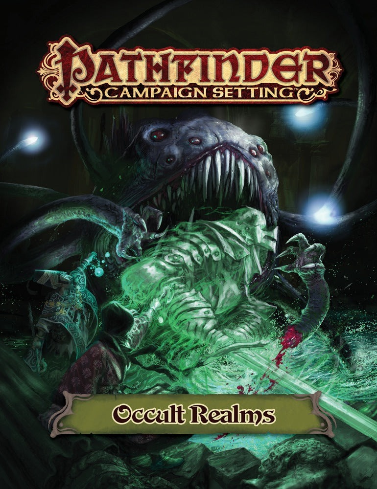 Pathfinder Occult Realms: A multi-eyed monster with sharp teeth engulfs a glowing green warrior as a robed figure casts a spell.