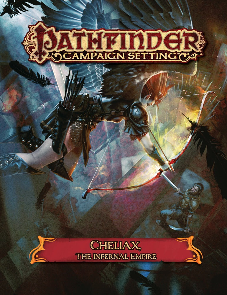 A winged, armored archer descends, drawing a bow, as a swordsman crouches below. Pathfinder: Cheliax, The Infernal Empire.
