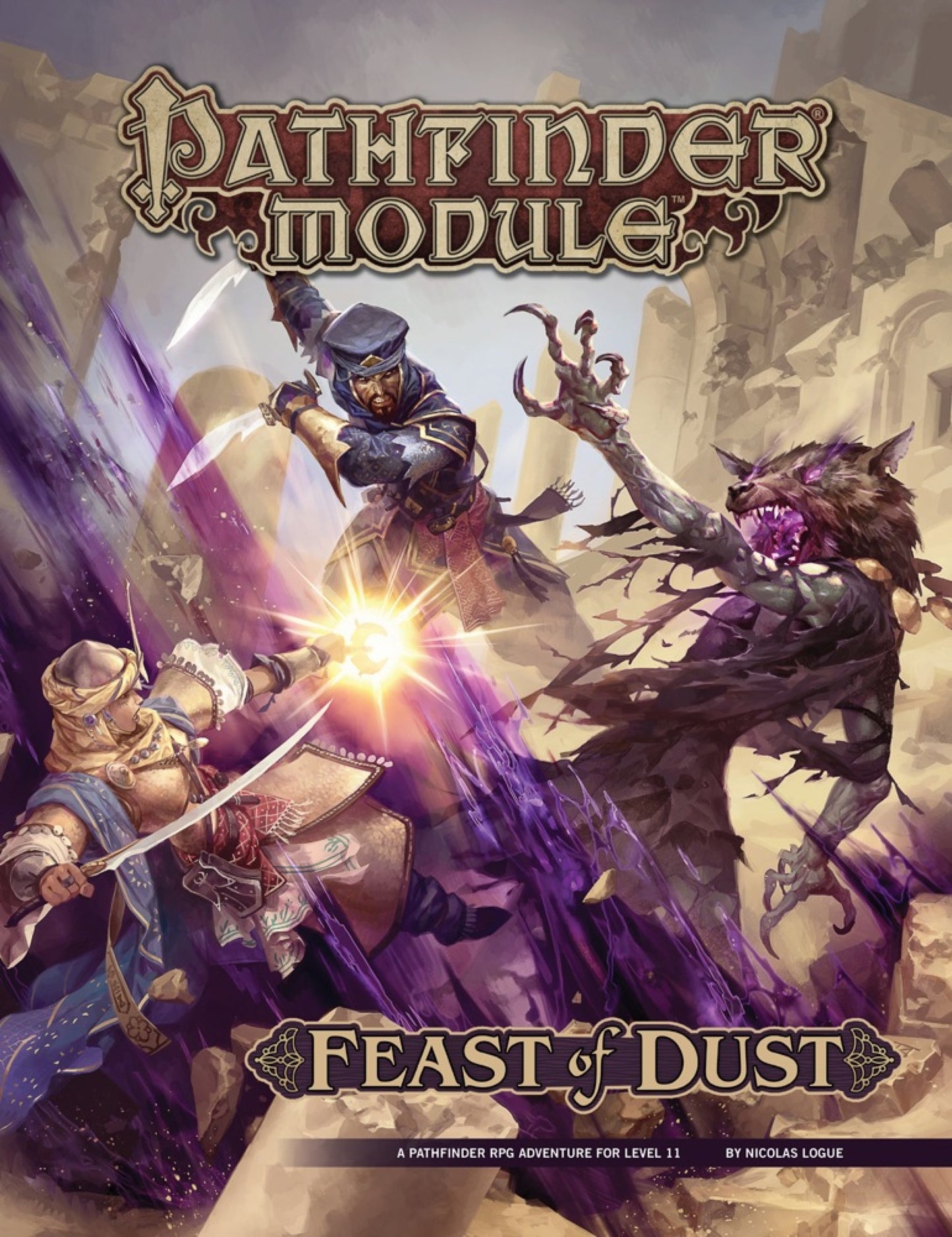 Pathfinder Module: Feast of Dust. Two heroes clash with a monstrous, purple-eyed werewolf in desert ruins, amid magic and swordplay.