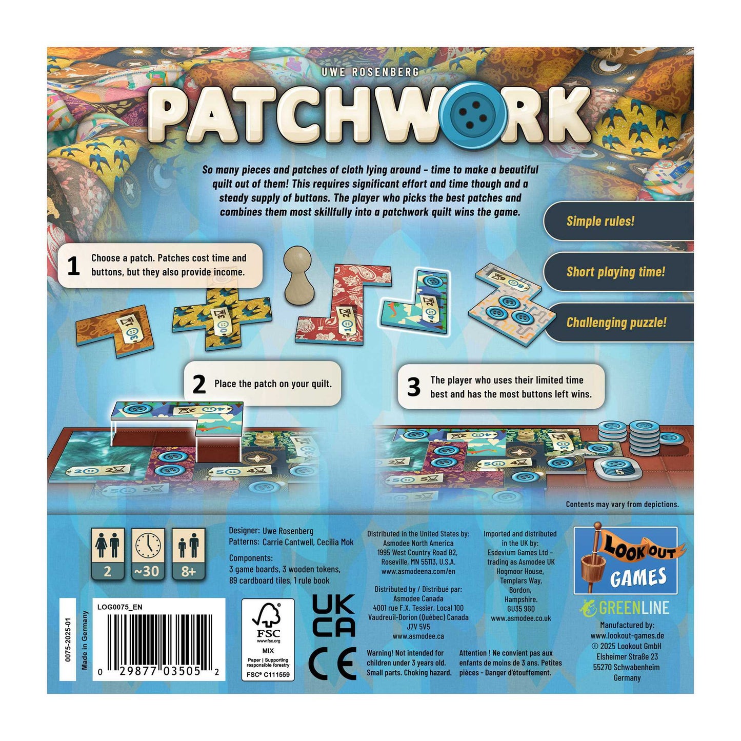 Patchwork board game box, showing colorful fabric patches, various game pieces, and step-by-step gameplay instructions