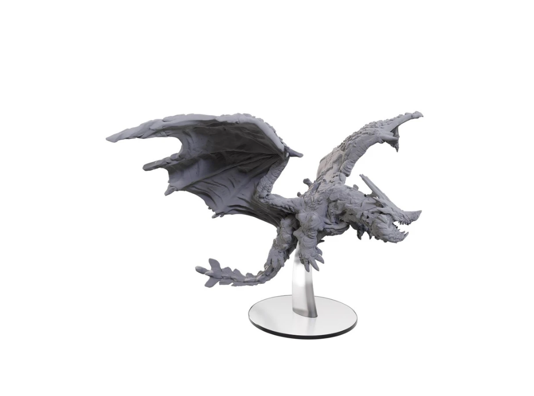 Unpainted grey dragon miniature with spread wings in a dynamic flying pose on a clear stand