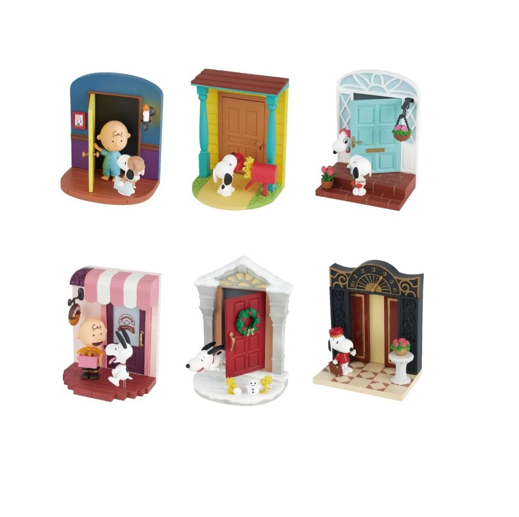 Six Peanuts dioramas: Snoopy and friends appear at varied doorways including a bakery, home, snowy entrance, and elevator