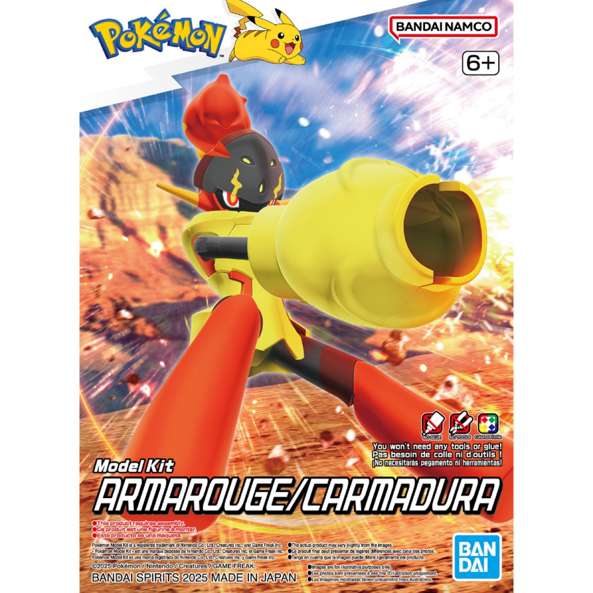 Pokemon Armarouge model kit, yellow and red, with a large cannon for an arm, ready for battle