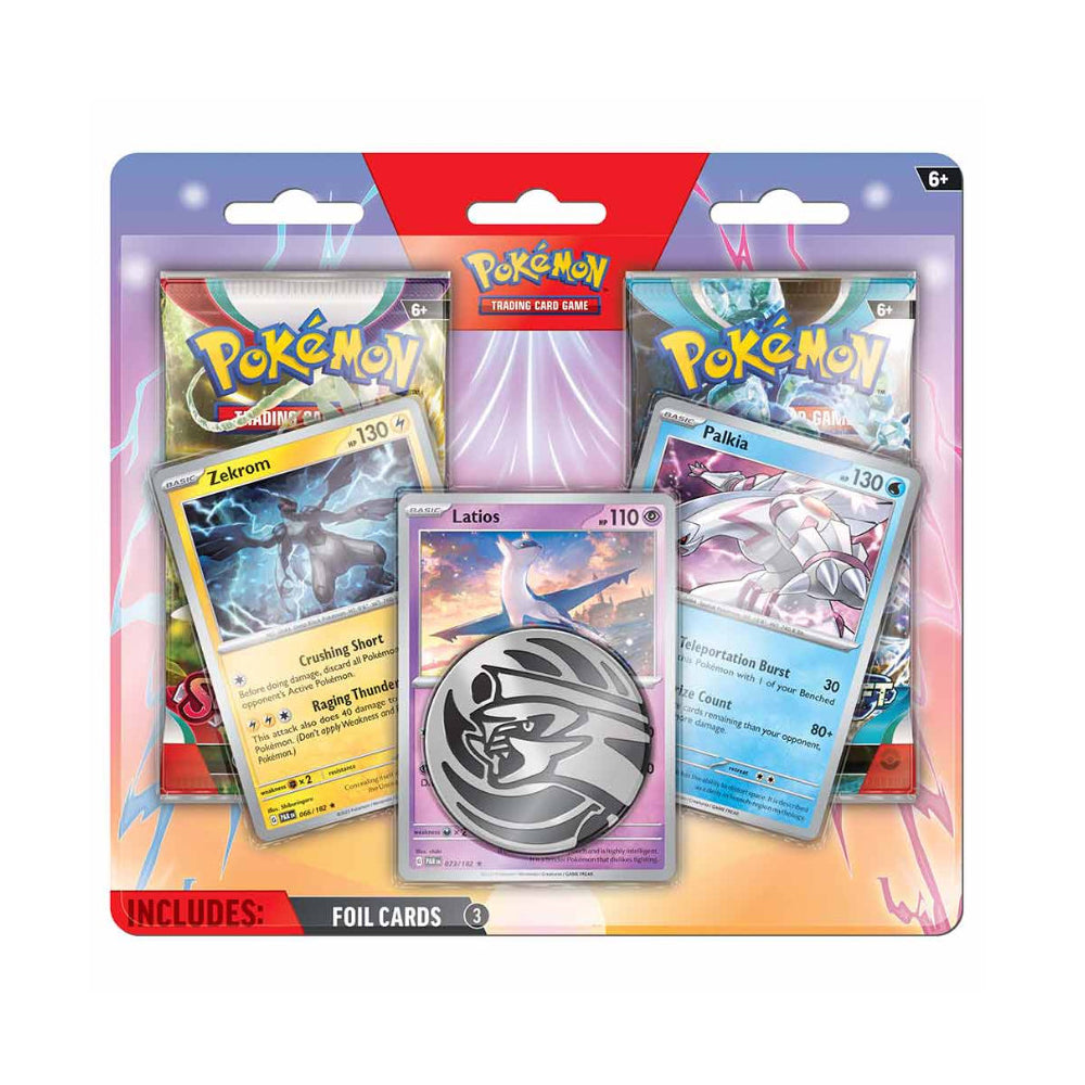 Pokemon TCG blister pack featuring Zekrom, Latios, Palkia foil cards, two booster packs, and a silver Pokémon coin
