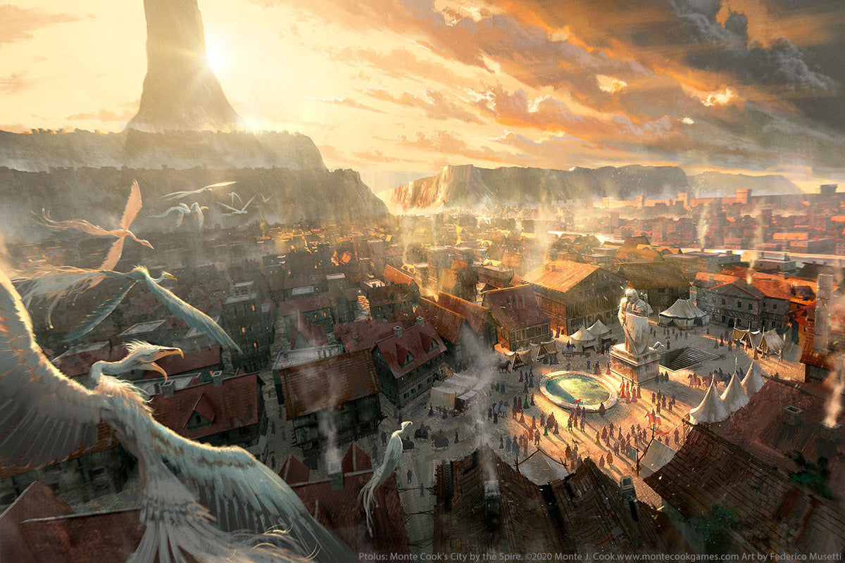 Giant white birds fly over a bustling fantasy city at sunset, with a busy market square and a towering spire