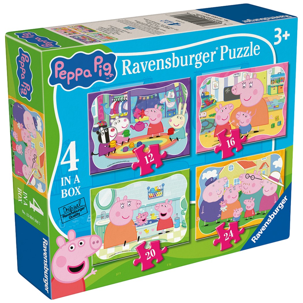 Peppa Pig Ravensburger 4-in-1 jigsaw puzzle box showing different scenes with Peppa and friends