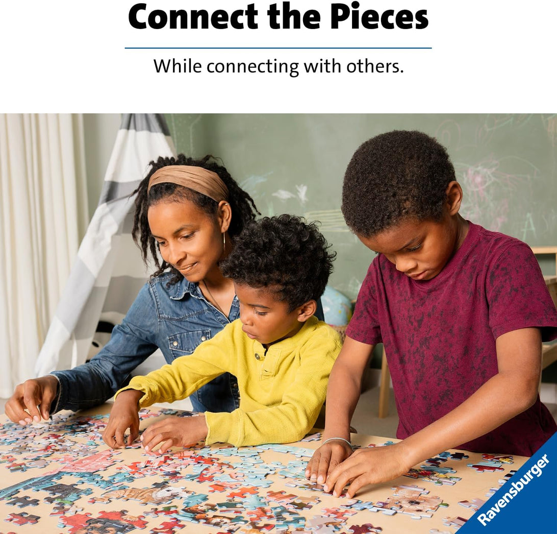 A woman and two boys working together on a colorful jigsaw puzzle