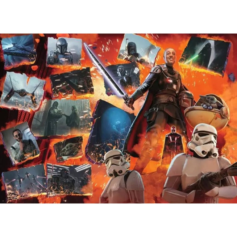 Smiling Moff Gideon holds a Darksaber, with Grogu, Stormtroopers, and a fiery Star Wars scene collage