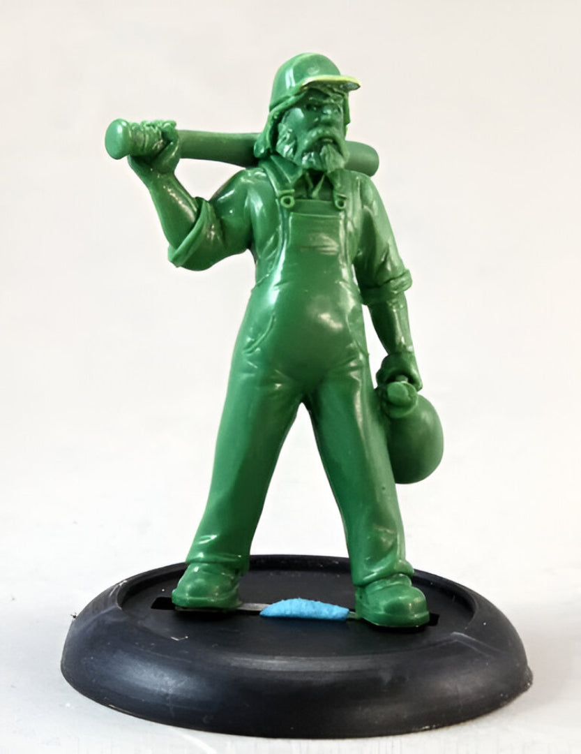 Solid green miniature of a bearded man in overalls and a cap, holding a bat over his shoulder and a bag