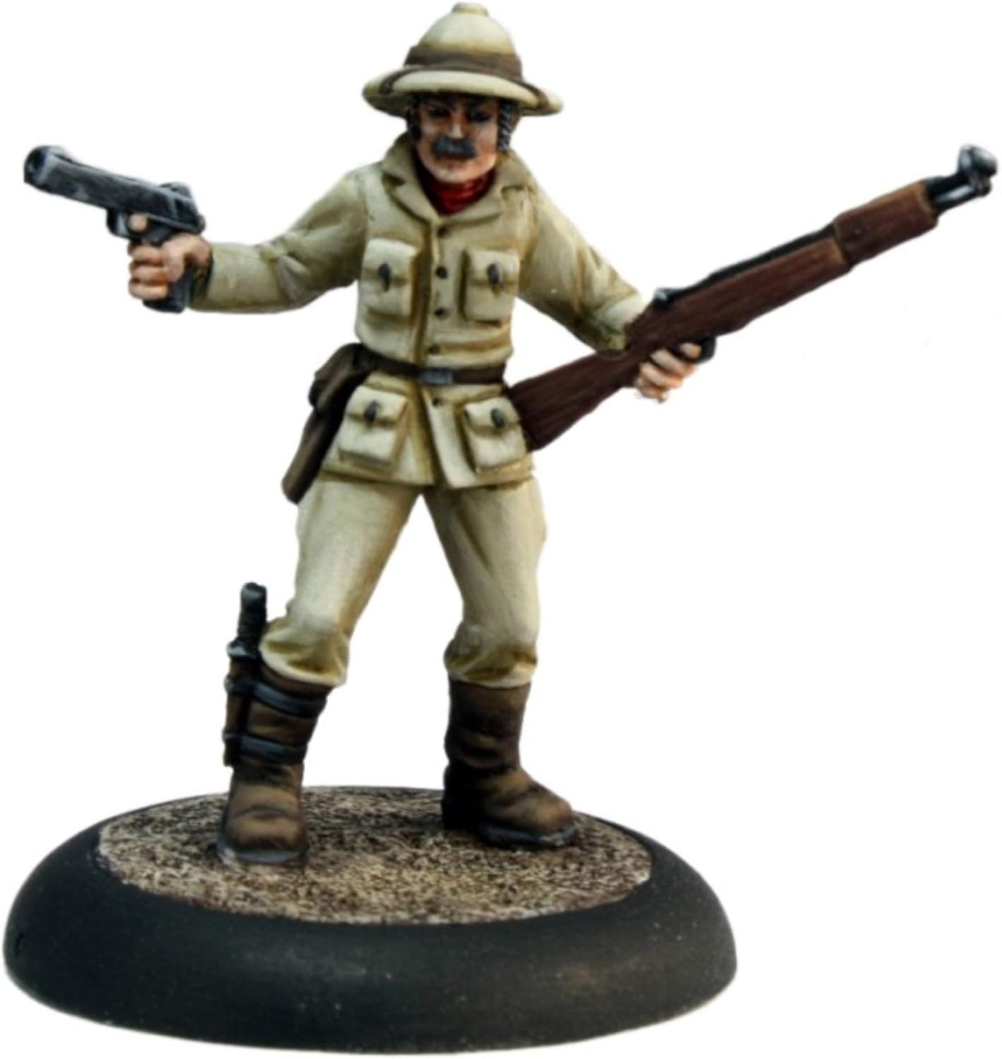 Painted miniature of a safari explorer in a pith helmet, holding a pistol and a rifle