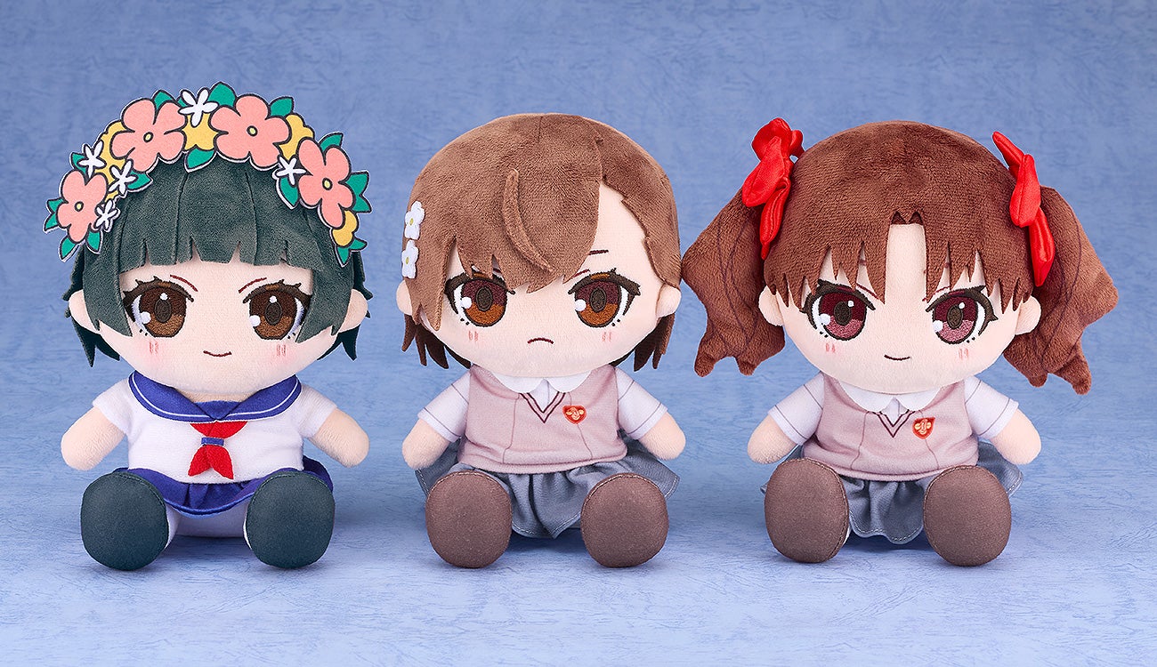 Angled view of Mikoto Misaka Chocopuni plushie showing side details and lightning-themed hair clip