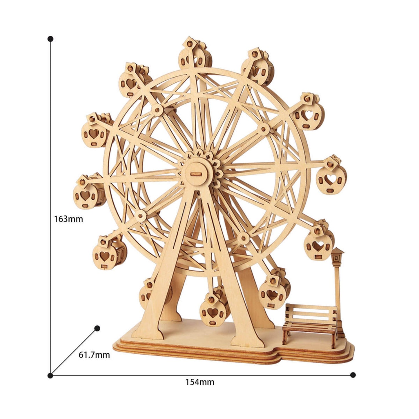 Wooden 3D Ferris wheel model, featuring miniature bench, lamppost and product dimensions