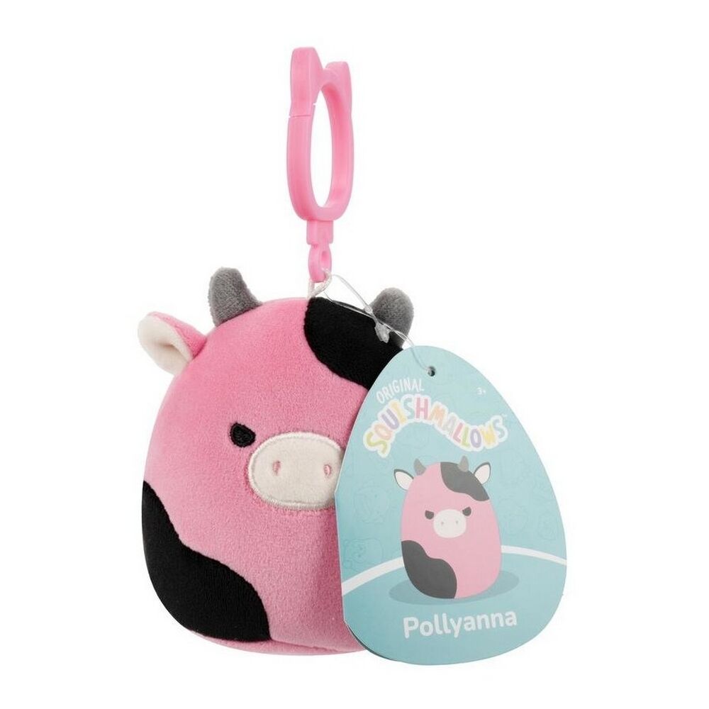 Pollyanna, a pink and black cow Squishmallows keychain with a pink clip and product tag