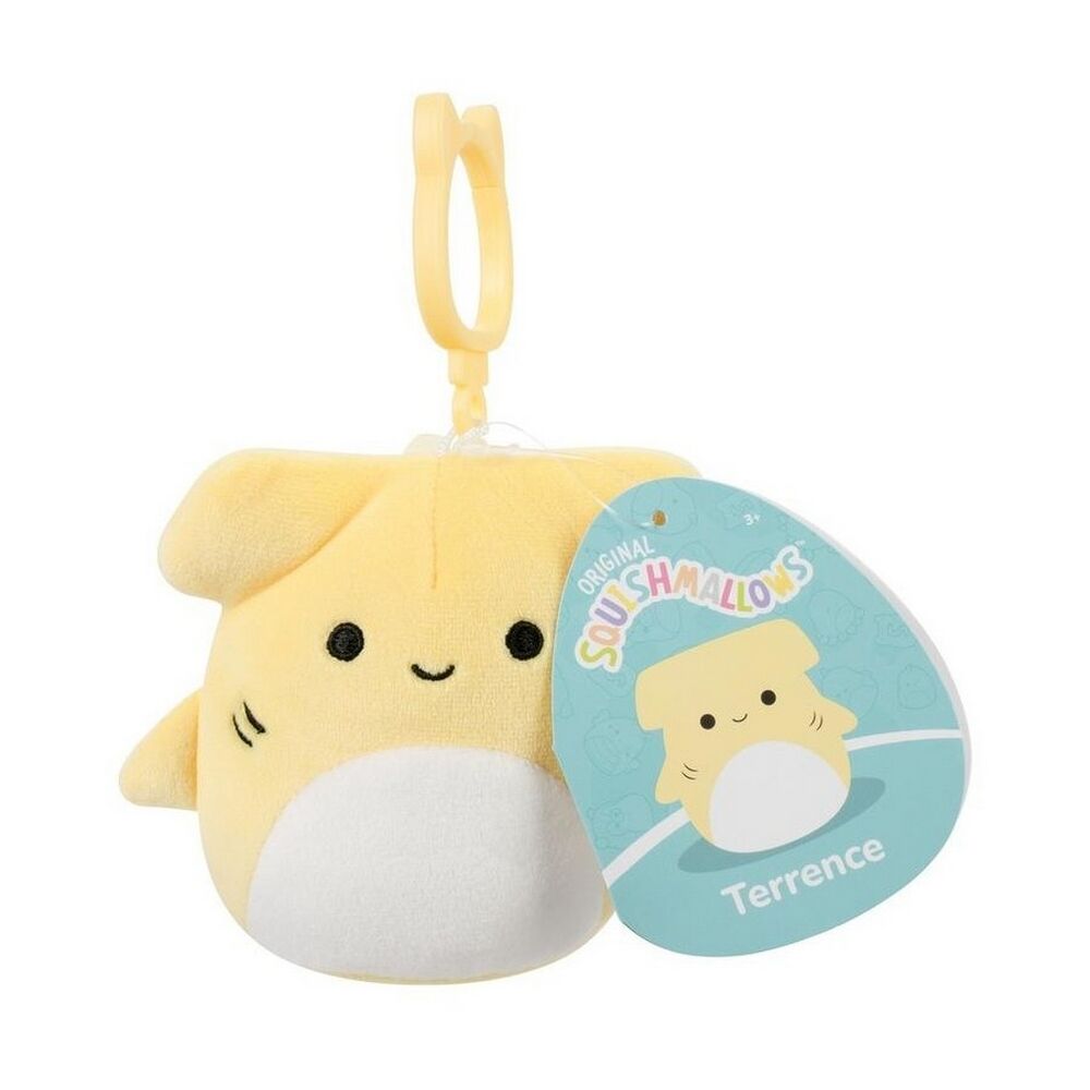 Yellow Squishmallows Terrence shark plush keychain with a smiling face and white belly