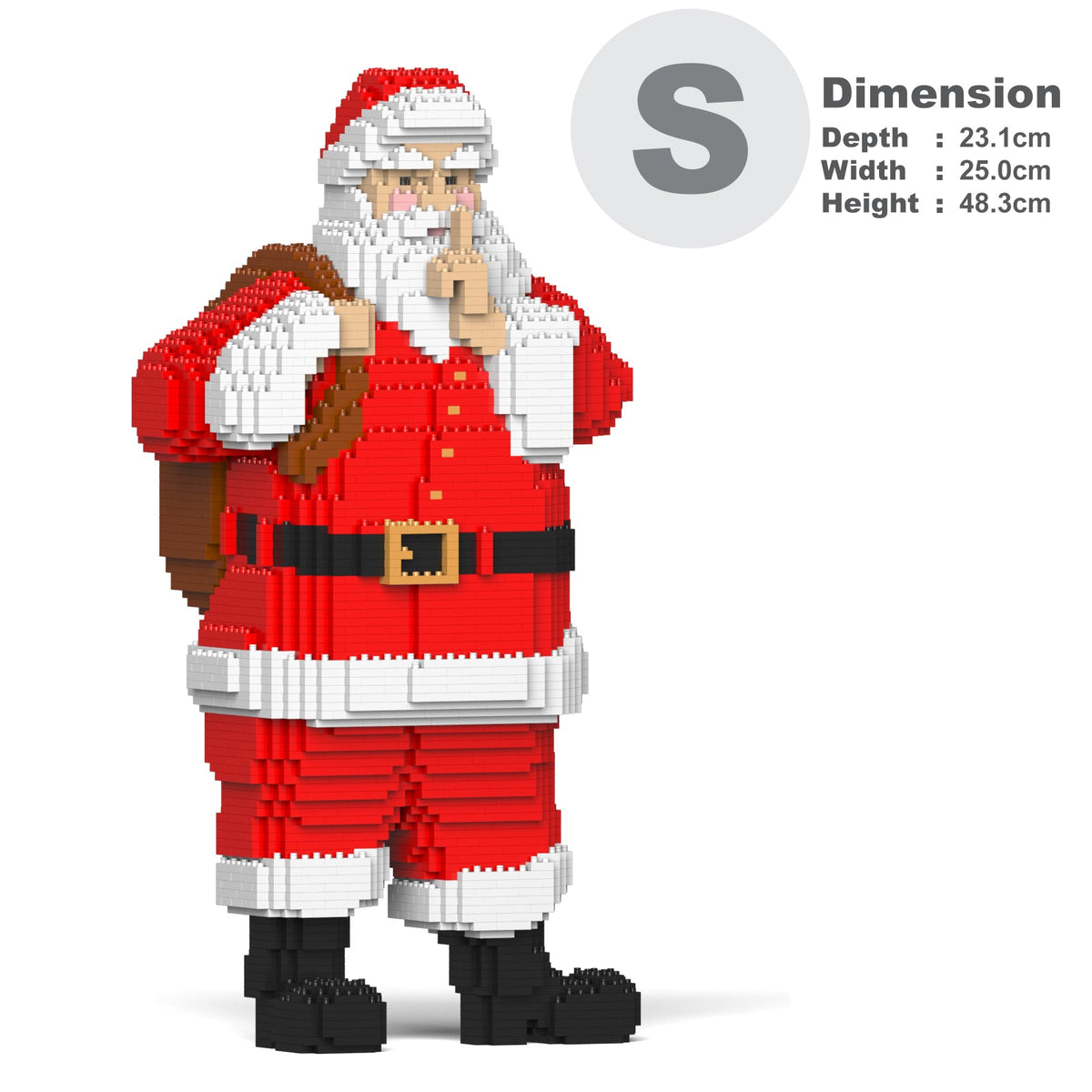 Santa Claus figure built from blocks, holding finger to lips in a "shush" pose, carrying a gift sack