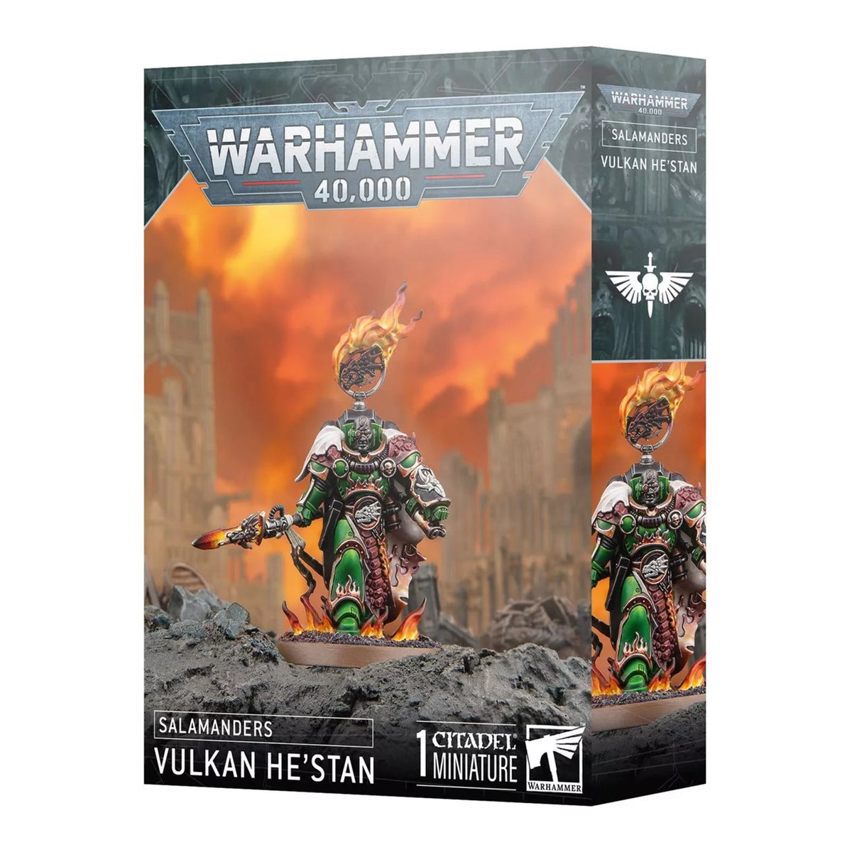 Warhammer 40K Salamanders Vulkan He'stan miniature box, green space marine with flaming spear and fiery backdrop