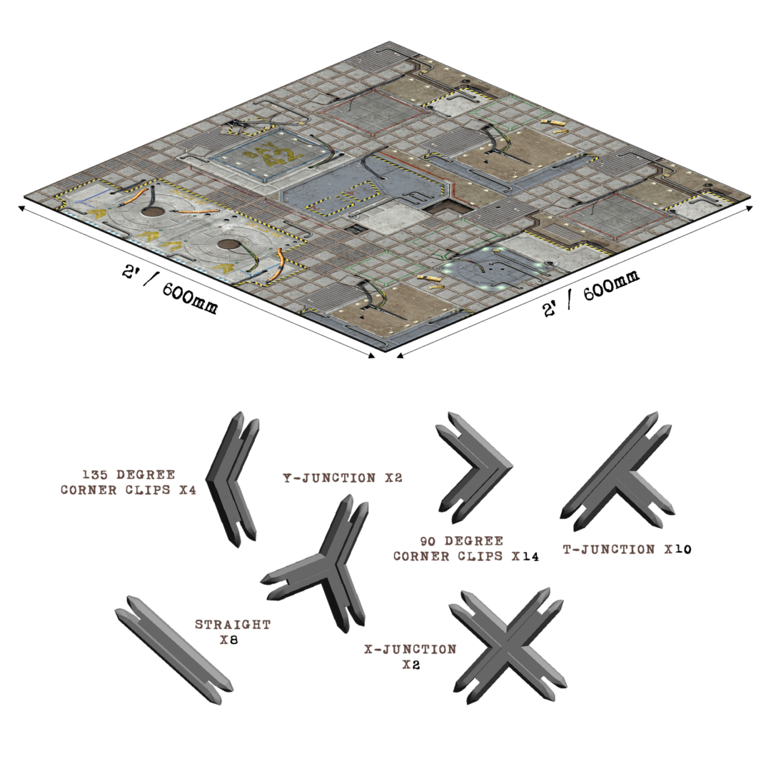 Modular sci-fi floor tile set in isometric view, with corresponding straight, corner, T, Y, and X shaped connectors.