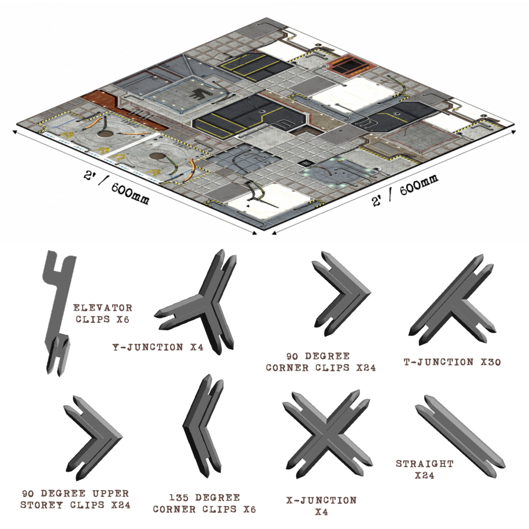 Modular sci-fi floor tiles and various grey clips for connecting custom layouts.