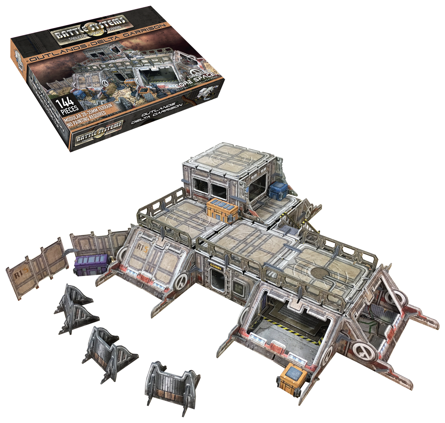 Modular sci-fi tabletop terrain set, Battle Systems Outlands Delta Garrison, shown with its box and assembled base.