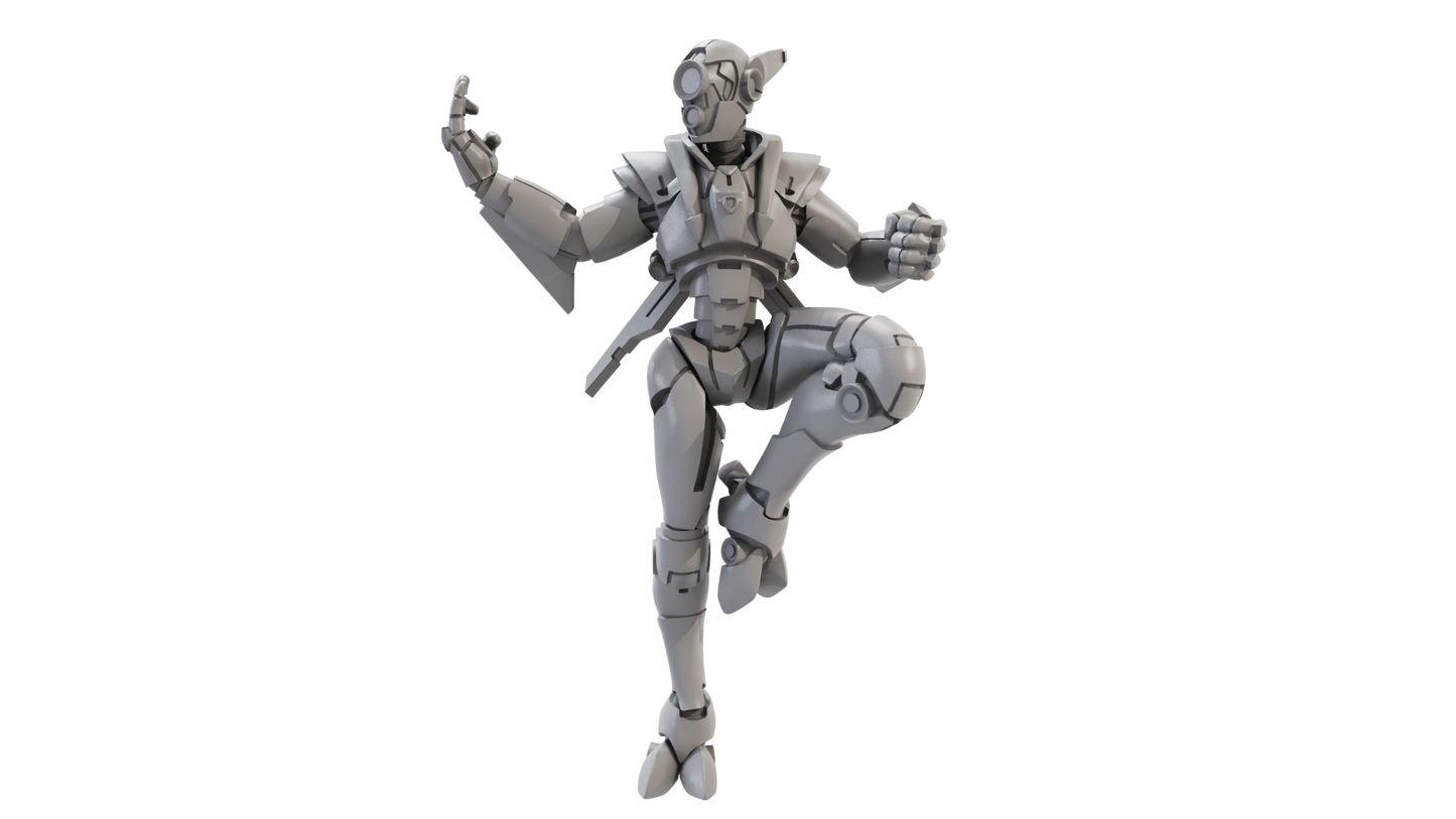 3D render of Shadow, a sci-fi humanoid fighter in a sleek, armored pose