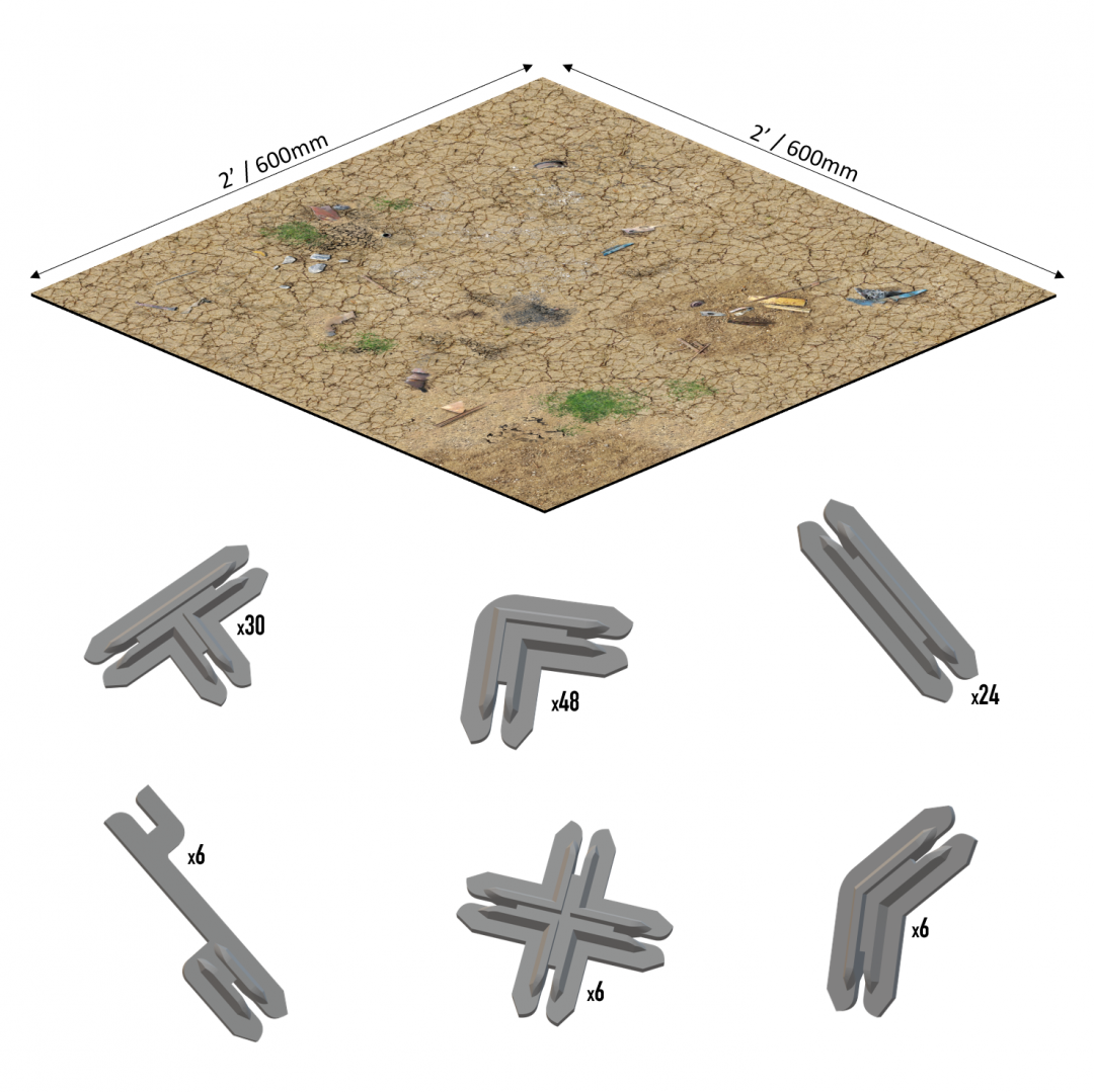 Cracked desert game mat (2x2 ft) with six types of grey modular terrain pieces, each showing a quantity.