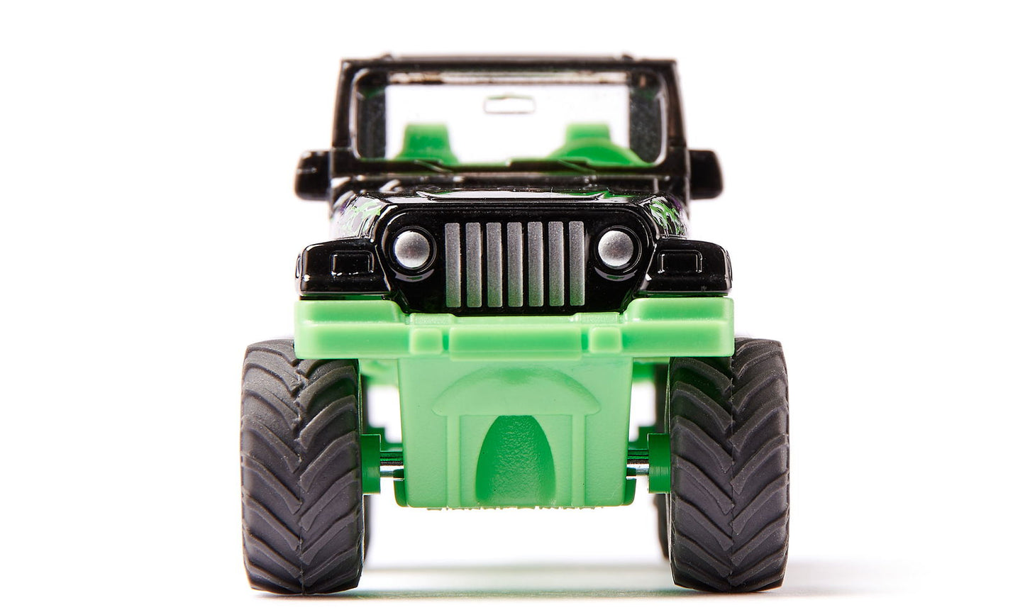 Black and bright green toy Jeep Big Wheel with large tires, front view on white