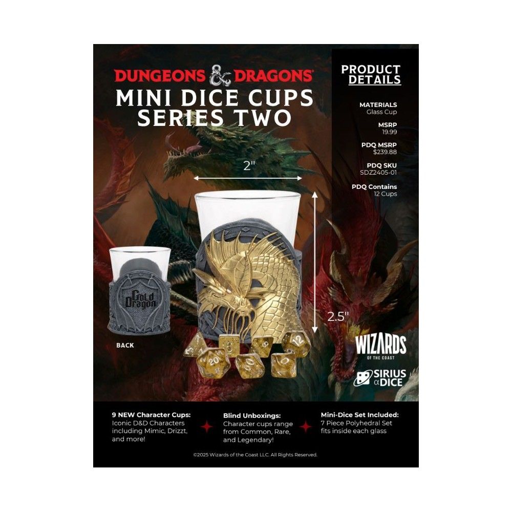 D&D Mini Dice Cups Series Two ad: Gold dragon-themed glass cup (2.5") with polyhedral dice, next to a grey cup