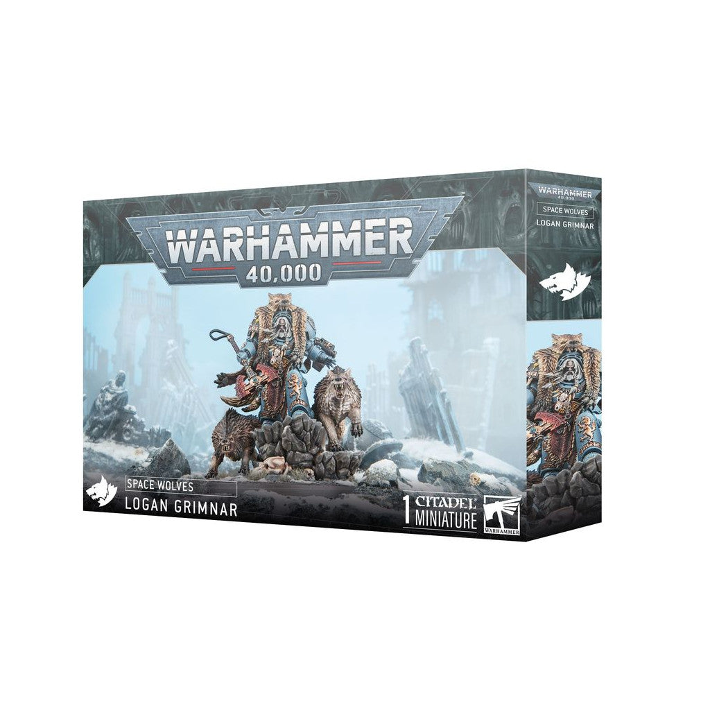 Warhammer 40K Space Wolves Logan Grimnar miniature box, Features armored hero with two wolves amidst a snowy ruin