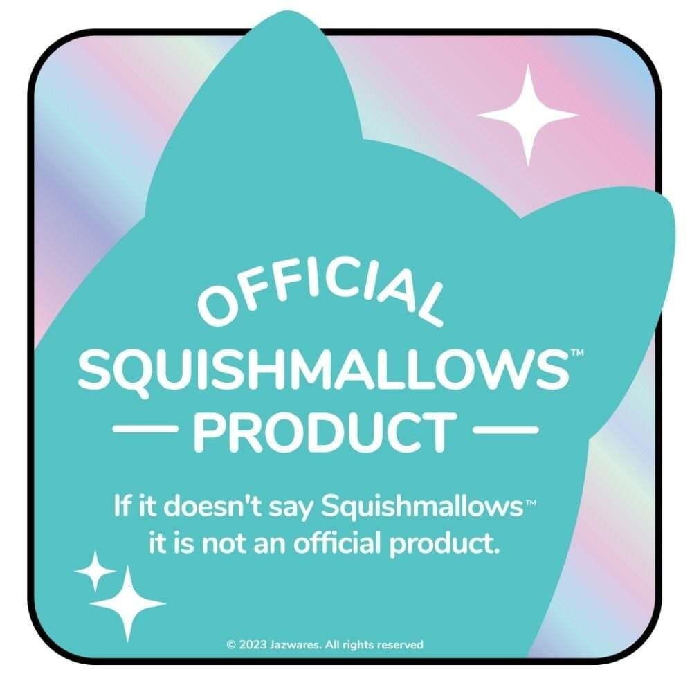 Teal graphic with "OFFICIAL SQUISHMALLOWS PRODUCT" text on a shimmering holographic background