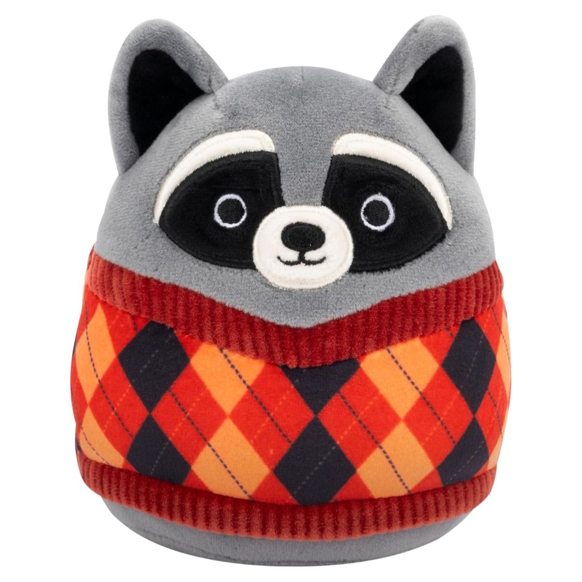 Cute, round grey plush toy wearing a red, orange, and black argyle sweater with a dark eye mask