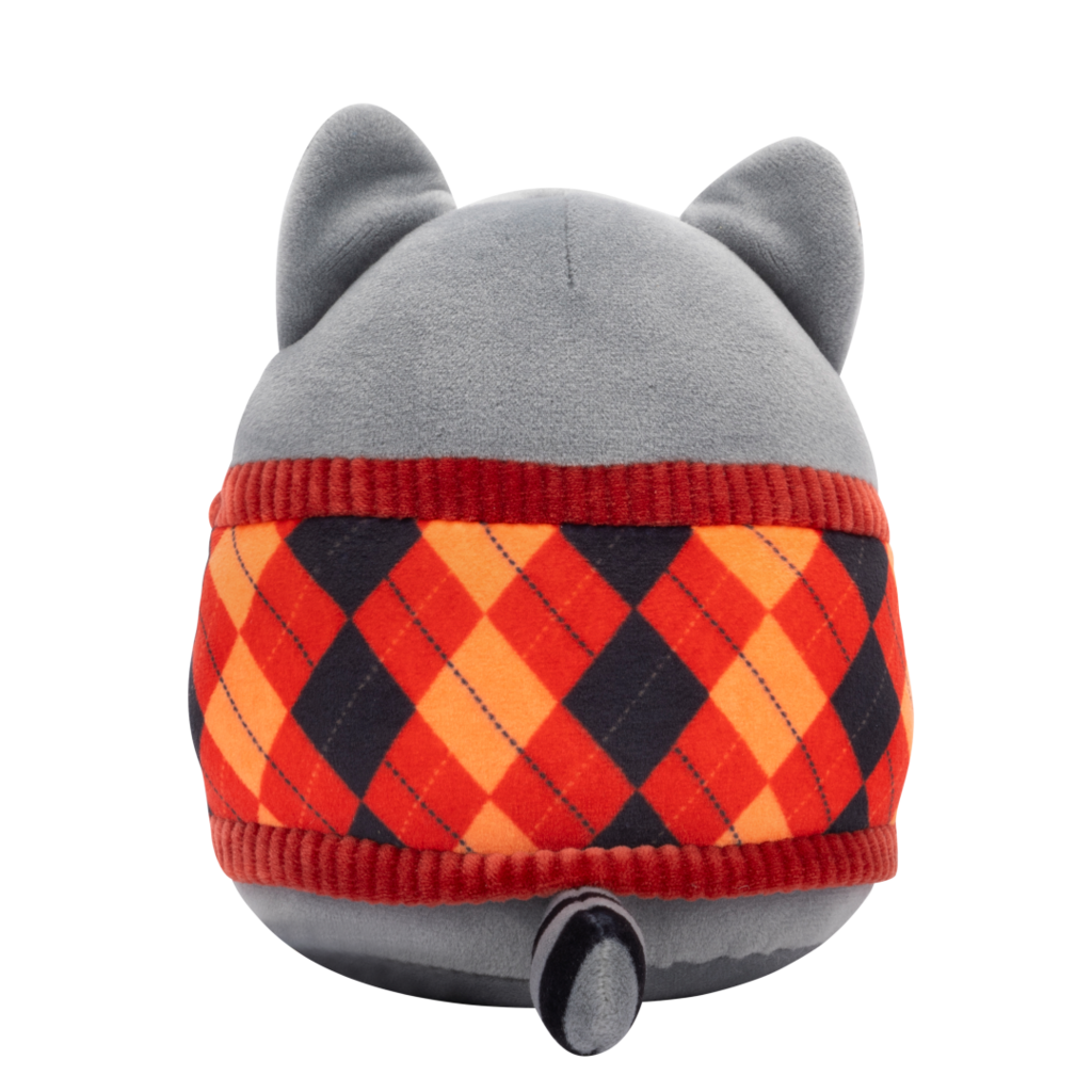 Grey plush toy back view, wearing an argyle sweater with red, orange, and dark blue diamonds