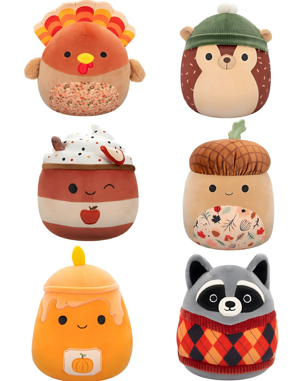 Six Squishmallows featuring a turkey, a hedgehog in a green hat, an apple drink, an acorn, a honey pot, and a raccoon in an argyle sweater