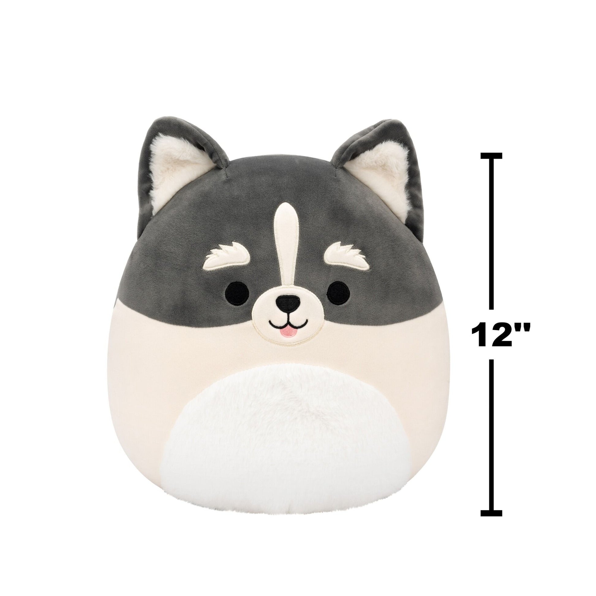 Grey and cream Squishmallow plush toy with pointed ears, black eyes, white snout stripe, and fluffy white belly with showing 12" dimension