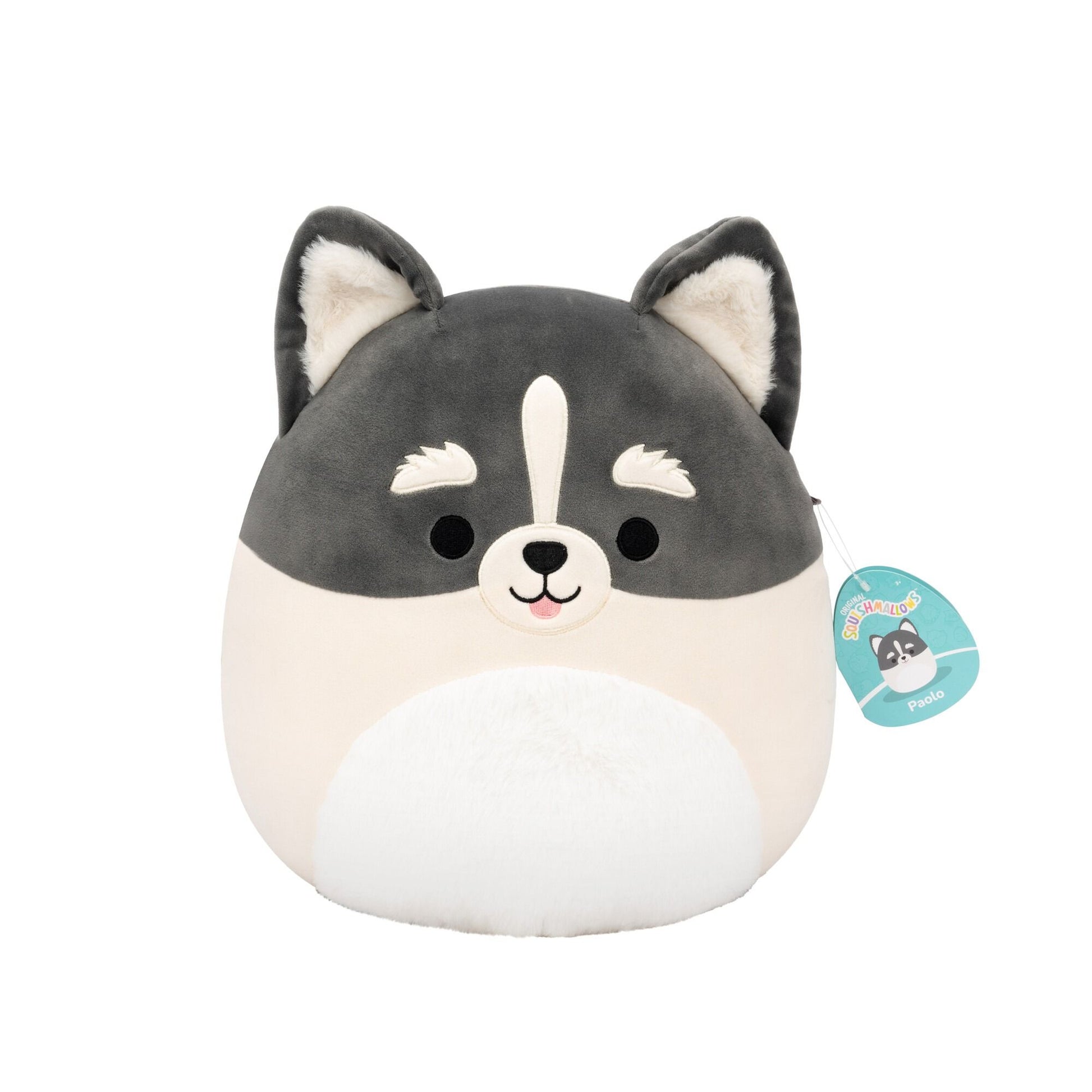 Grey and cream Squishmallow plush toy with pointed ears, black eyes, white snout stripe, and fluffy white belly with a visible tag