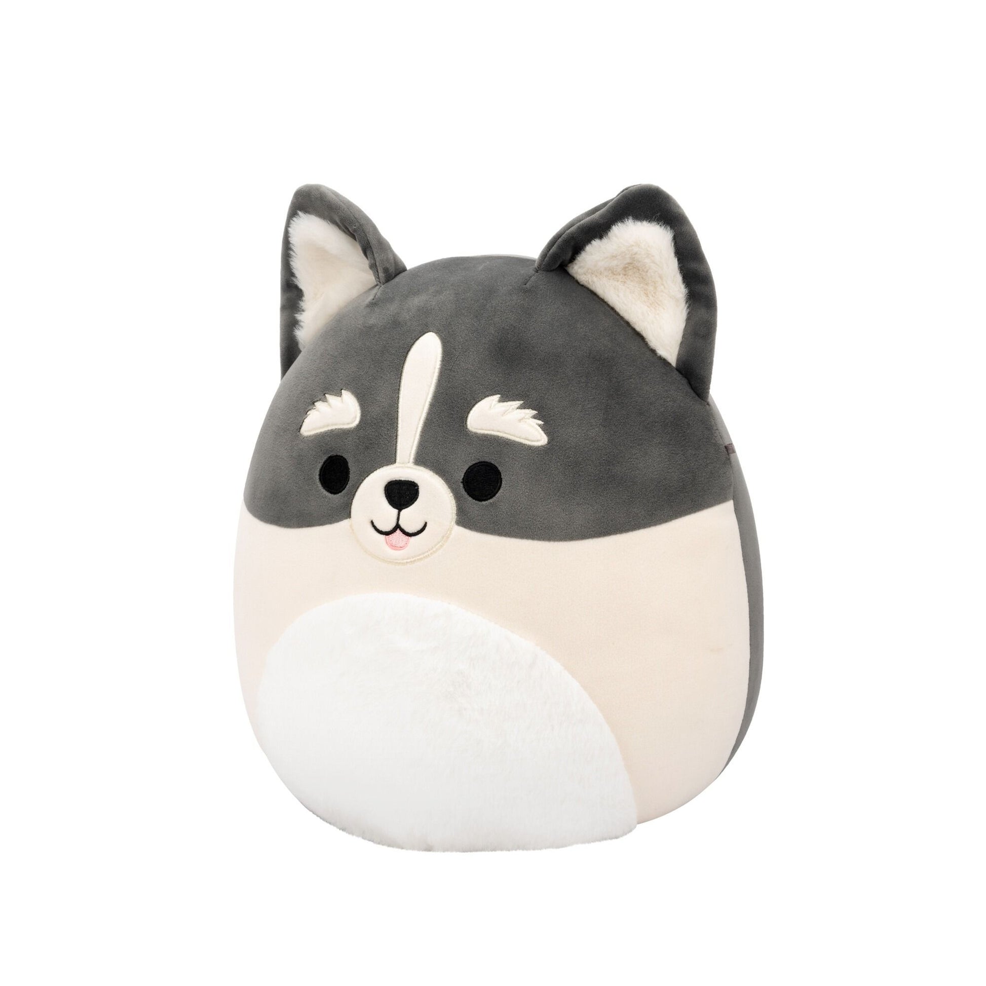 Side view of grey and cream Squishmallow plush toy with pointed ears, black eyes, white snout stripe, and fluffy white belly
