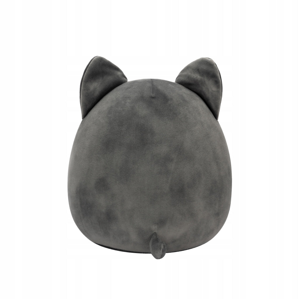 Back view of grey and cream Squishmallow plush toy with pointed ears, black eyes, white snout stripe, and fluffy white belly