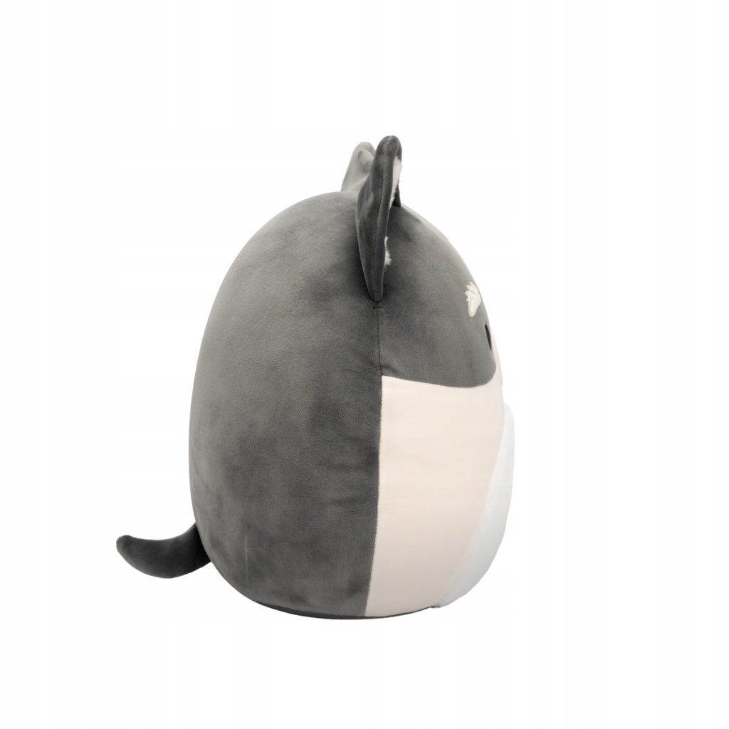 Side view of grey and cream Squishmallow plush toy with pointed ears, black eyes, white snout stripe, and fluffy white belly