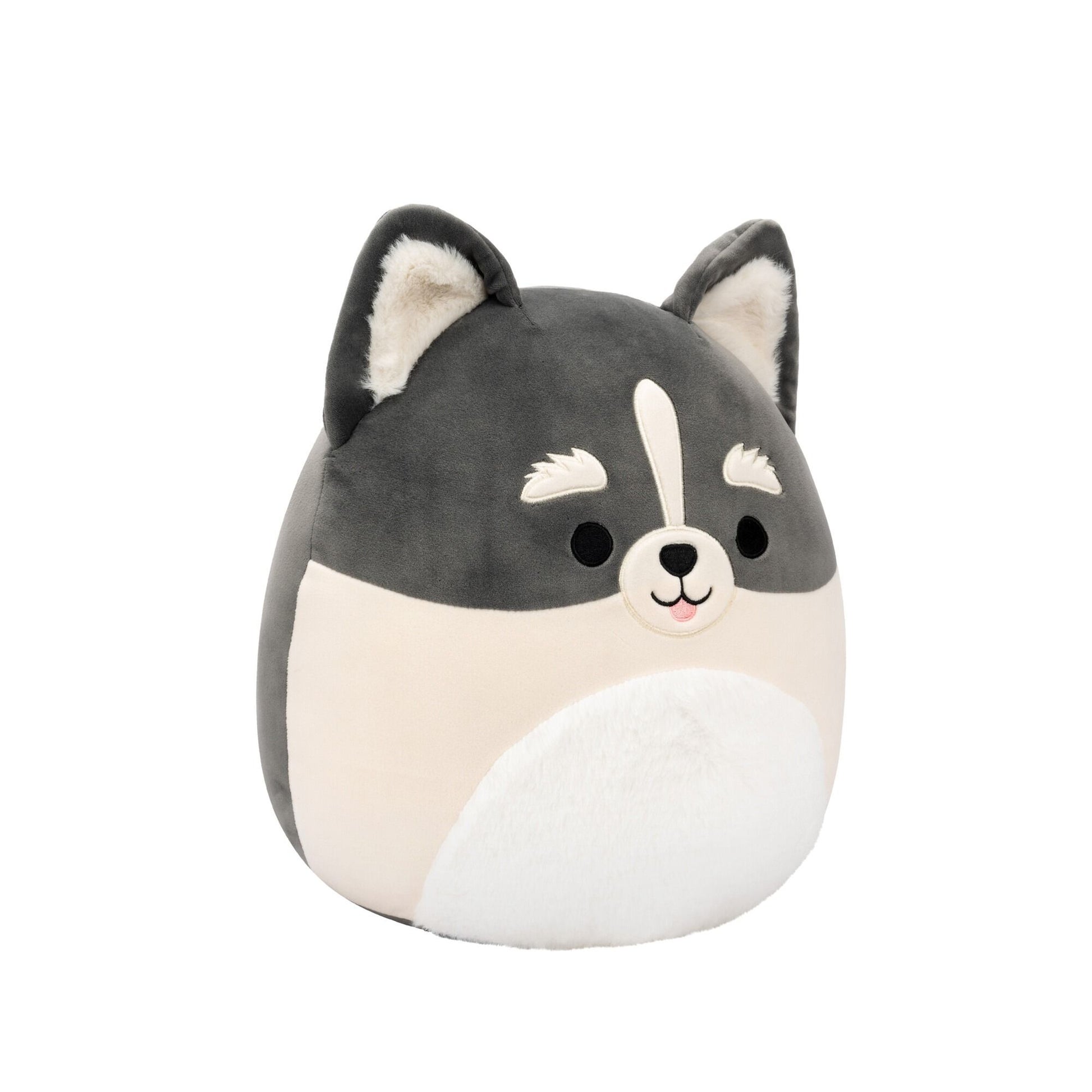 Side view of grey and cream Squishmallow plush toy with pointed ears, black eyes, white snout stripe, and fluffy white belly