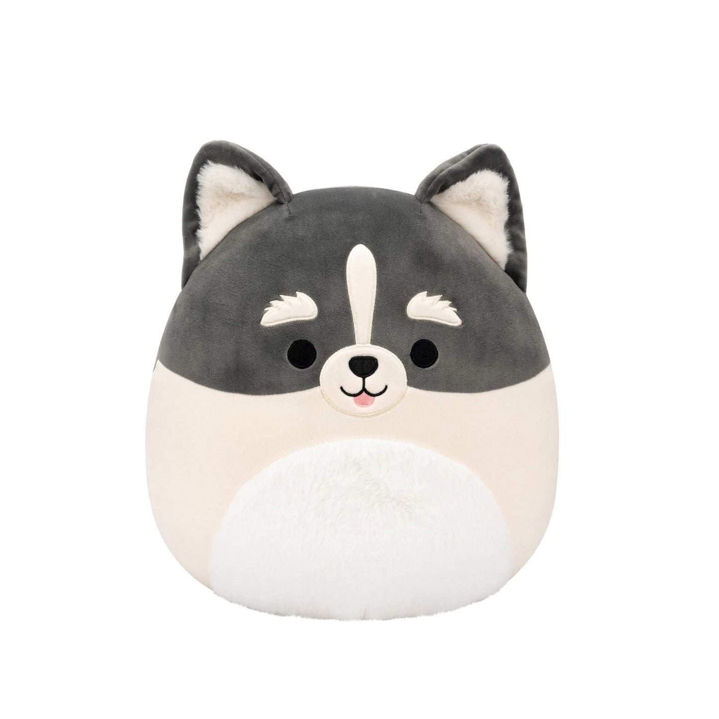 Grey and cream Squishmallow plush toy with pointed ears, black eyes, white snout stripe, and fluffy white belly